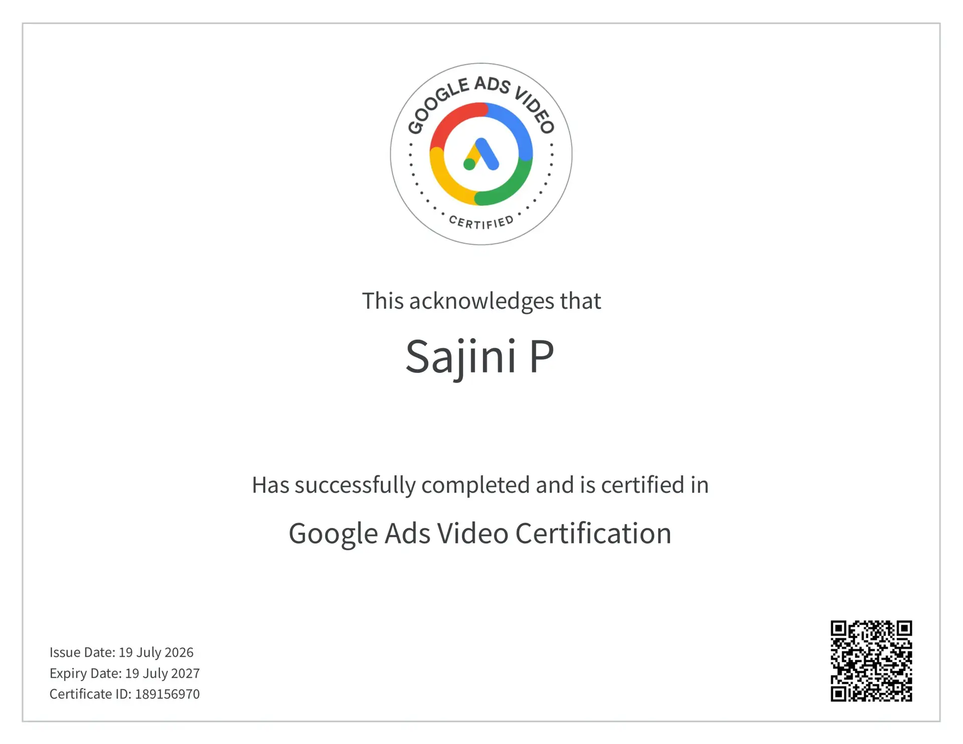 Google Ads Video Certificate