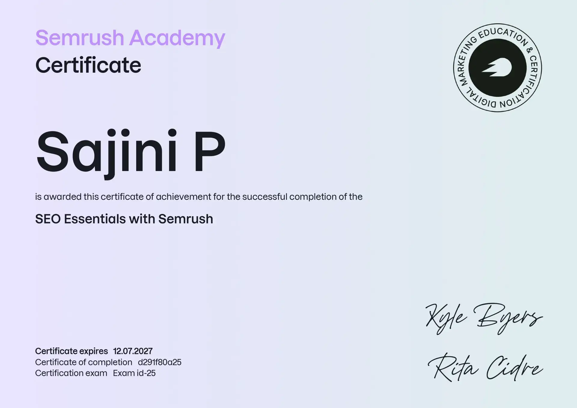 Additional Certificate